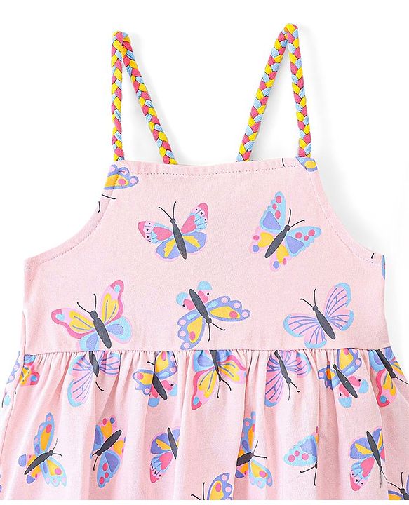 Babyhug 100% Cotton Knit Singlet Sleeves Butterfly Print Frock - Pink