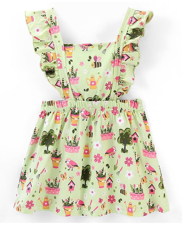 Babyhug 100% Cotton Knitted Floral Printed Frock with Half Sleeves Inner Tee - Green