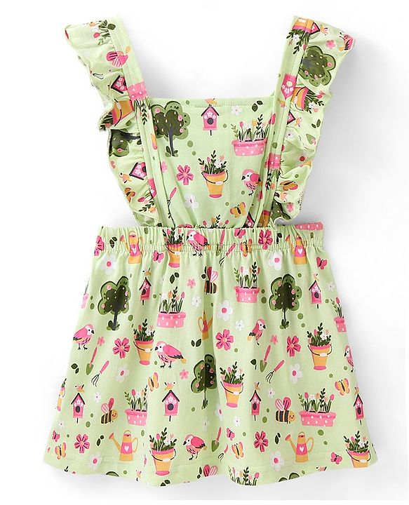 Babyhug 100% Cotton Knitted Floral Printed Frock with Half Sleeves Inner Tee - Green
