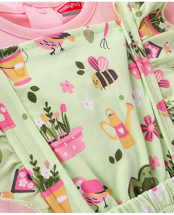 Babyhug 100% Cotton Knitted Floral Printed Frock with Half Sleeves Inner Tee - Green