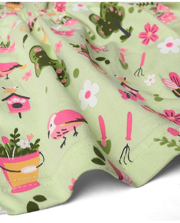 Babyhug 100% Cotton Knitted Floral Printed Frock with Half Sleeves Inner Tee - Green