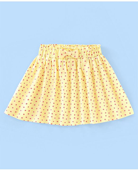 Babyhug 100% Cotton Knit Cap Sleeves Top & Skirt Set with Bow Applique Fruit Basket Print - White & Yellow