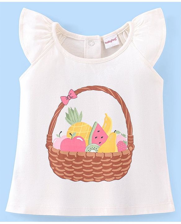 Babyhug 100% Cotton Knit Cap Sleeves Top & Skirt Set with Bow Applique Fruit Basket Print - White & Yellow