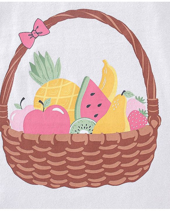 Babyhug 100% Cotton Knit Cap Sleeves Top & Skirt Set with Bow Applique Fruit Basket Print - White & Yellow