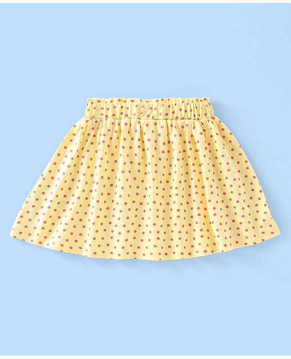 Babyhug 100% Cotton Knit Cap Sleeves Top & Skirt Set with Bow Applique Fruit Basket Print - White & Yellow