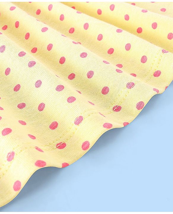 Babyhug 100% Cotton Knit Cap Sleeves Top & Skirt Set with Bow Applique Fruit Basket Print - White & Yellow