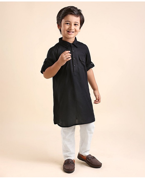 Babyhug 100% Cotton Full Sleeves Pathani Kurta & Pyjama Set Solid- Black & White