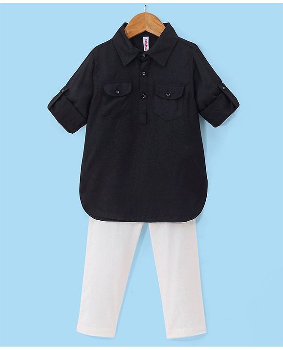 Babyhug 100% Cotton Full Sleeves Pathani Kurta & Pyjama Set Solid- Black & White