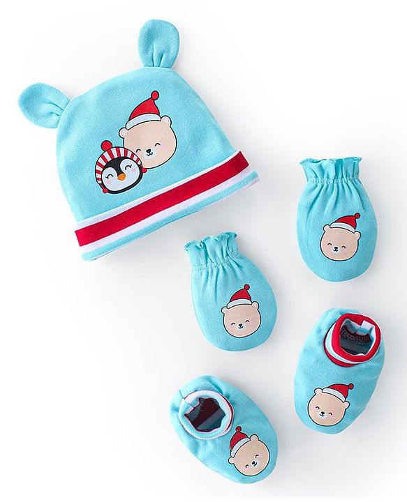 Babyhug 100% Cotton Knit Cap Mittens & Booties Teddy Print - Blue