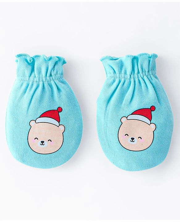 Babyhug 100% Cotton Knit Cap Mittens & Booties Teddy Print - Blue