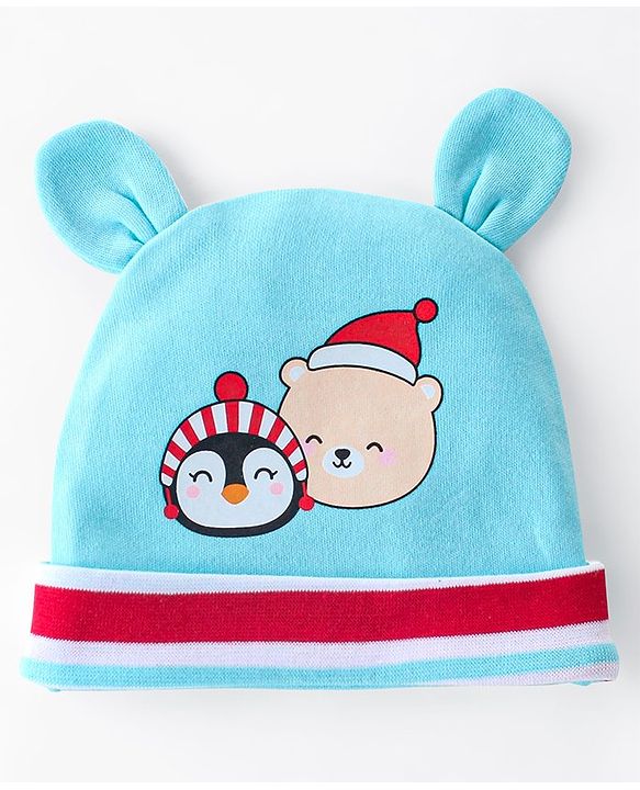 Babyhug 100% Cotton Knit Cap Mittens & Booties Teddy Print - Blue