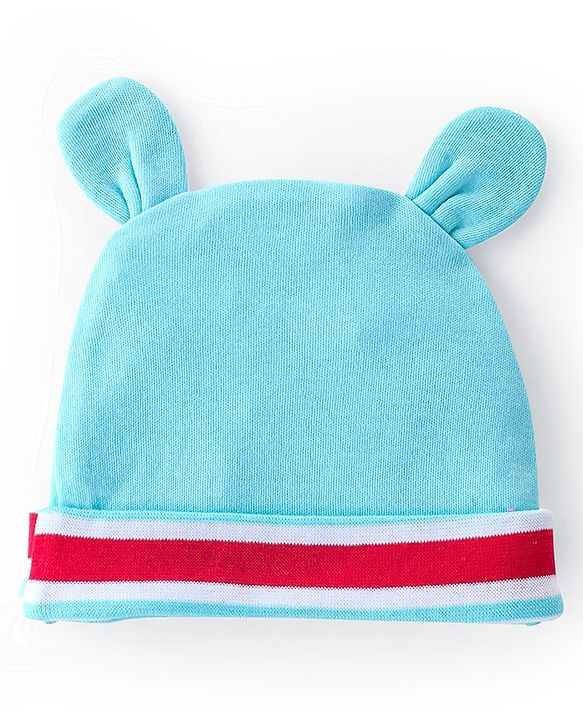 Babyhug 100% Cotton Knit Cap Mittens & Booties Teddy Print - Blue