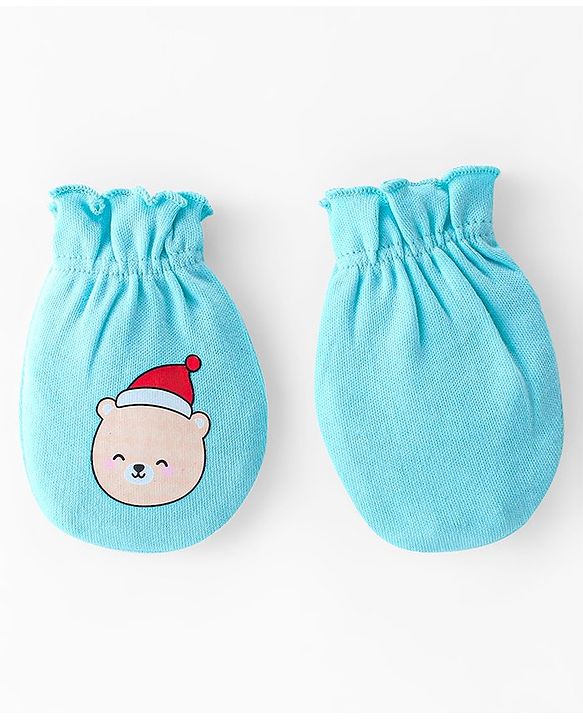Babyhug 100% Cotton Knit Cap Mittens & Booties Teddy Print - Blue