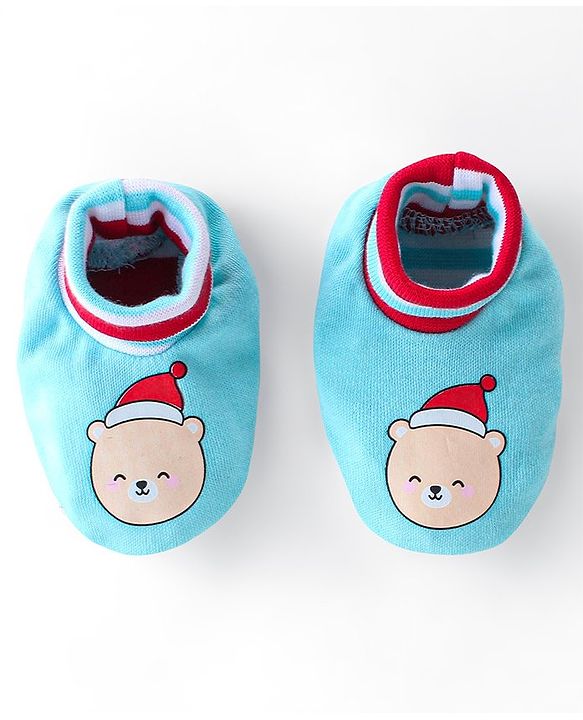 Babyhug 100% Cotton Knit Cap Mittens & Booties Teddy Print - Blue