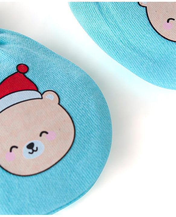 Babyhug 100% Cotton Knit Cap Mittens & Booties Teddy Print - Blue