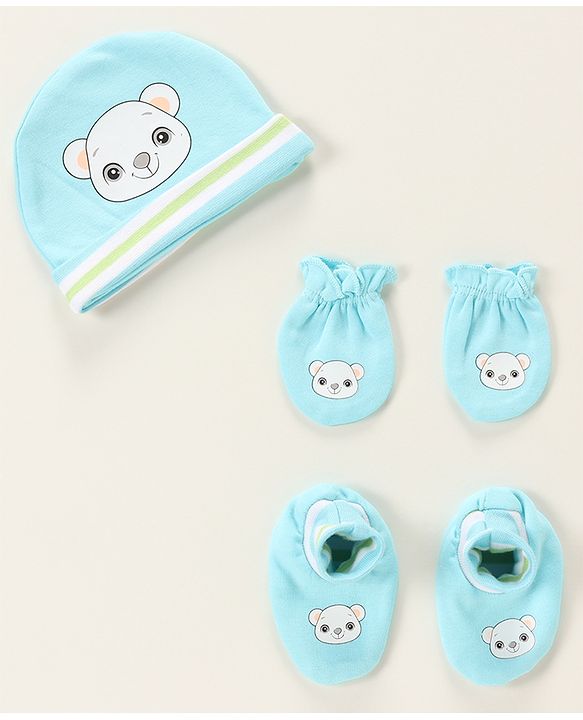 Babyhug 100% Cotton Cap Mittens & Booties Bear Print- Blue Cap Diameter- 10 Cm, Mittens Dim- 9.5 Cm, Booties Dim- 10.5 Cm, No of Pcs- 5, Size- 0-3M