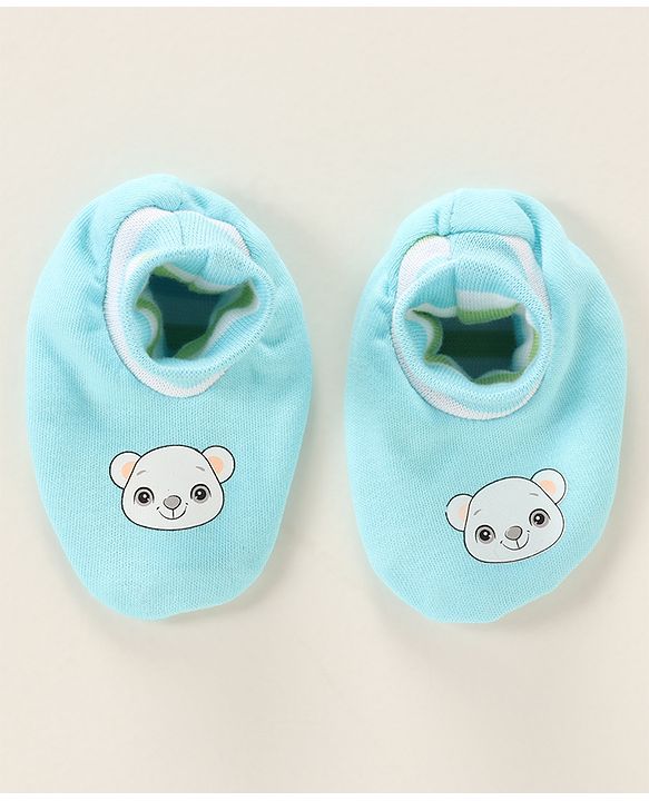 Babyhug 100% Cotton Cap Mittens & Booties Bear Print- Blue Cap Diameter- 10 Cm, Mittens Dim- 9.5 Cm, Booties Dim- 10.5 Cm, No of Pcs- 5, Size- 0-3M