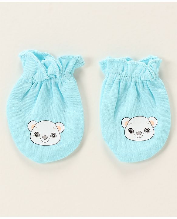 Babyhug 100% Cotton Cap Mittens & Booties Bear Print- Blue Cap Diameter- 10 Cm, Mittens Dim- 9.5 Cm, Booties Dim- 10.5 Cm, No of Pcs- 5, Size- 0-3M