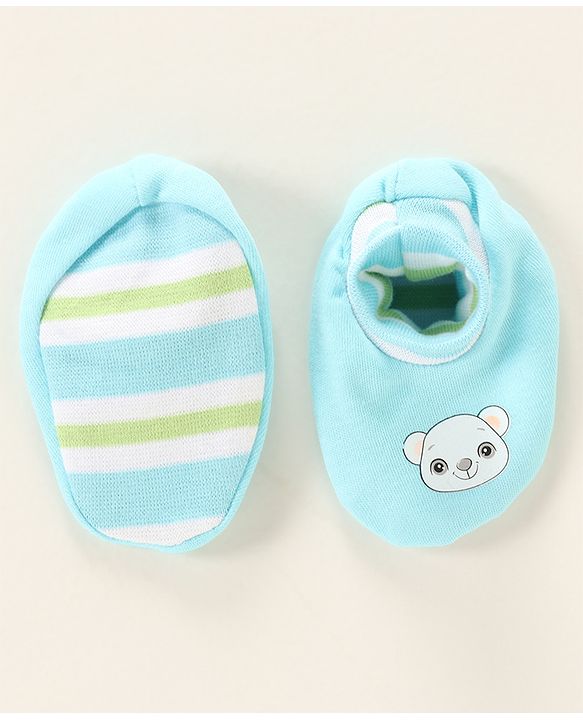 Babyhug 100% Cotton Cap Mittens & Booties Bear Print- Blue Cap Diameter- 10 Cm, Mittens Dim- 9.5 Cm, Booties Dim- 10.5 Cm, No of Pcs- 5, Size- 0-3M