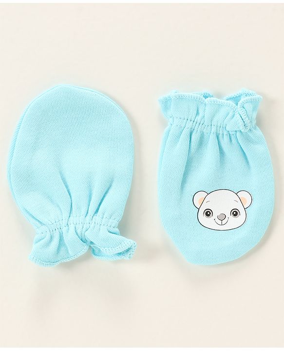 Babyhug 100% Cotton Cap Mittens & Booties Bear Print- Blue Cap Diameter- 10 Cm, Mittens Dim- 9.5 Cm, Booties Dim- 10.5 Cm, No of Pcs- 5, Size- 0-3M