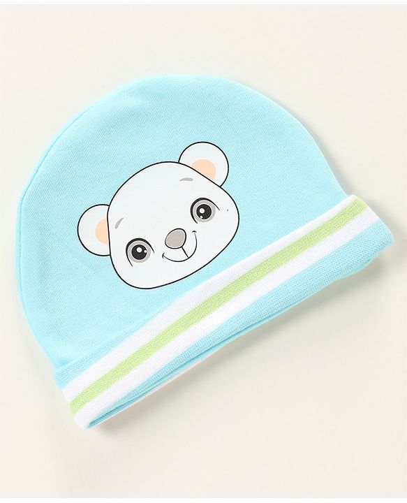 Babyhug 100% Cotton Cap Mittens & Booties Bear Print- Blue Cap Diameter- 10 Cm, Mittens Dim- 9.5 Cm, Booties Dim- 10.5 Cm, No of Pcs- 5, Size- 0-3M