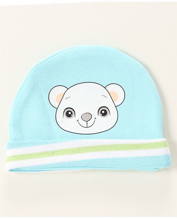 Babyhug 100% Cotton Cap Mittens & Booties Bear Print- Blue Cap Diameter- 10 Cm, Mittens Dim- 9.5 Cm, Booties Dim- 10.5 Cm, No of Pcs- 5, Size- 0-3M