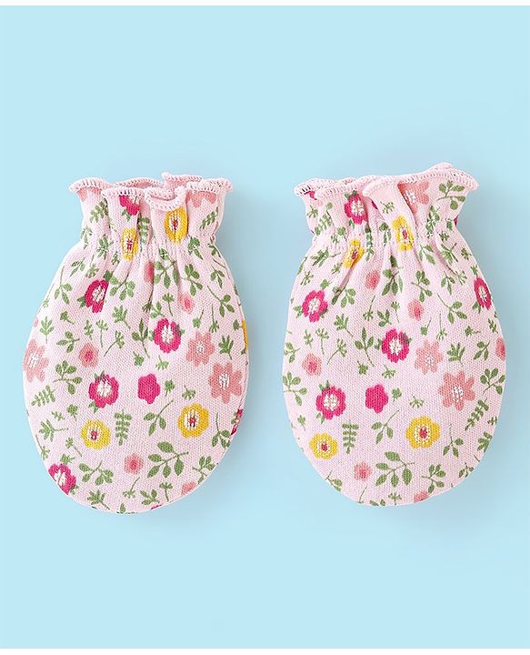 Babyhug 100% Cotton Cap Mittens And Booties Floral Print - Pink