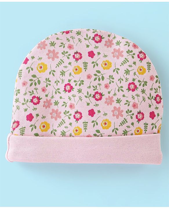 Babyhug 100% Cotton Cap Mittens And Booties Floral Print - Pink
