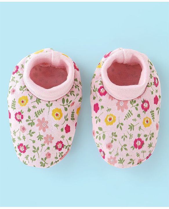 Babyhug 100% Cotton Cap Mittens And Booties Floral Print - Pink