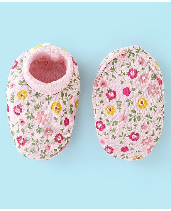 Babyhug 100% Cotton Cap Mittens And Booties Floral Print - Pink