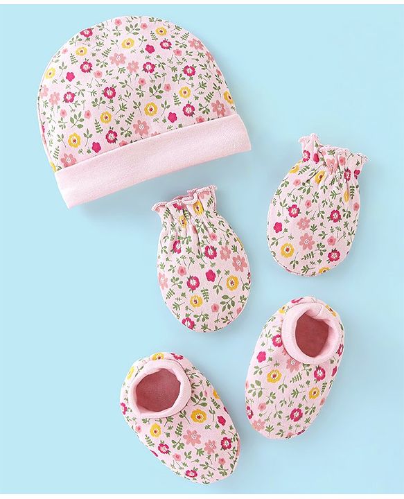 Babyhug 100% Cotton Cap Mittens And Booties Floral Print - Pink