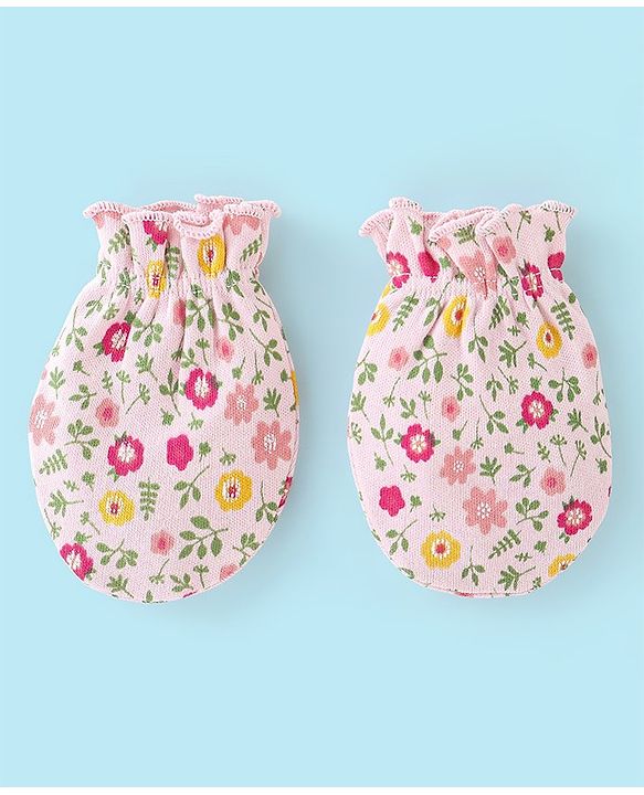 Babyhug 100% Cotton Cap Mittens And Booties Floral Print - Pink