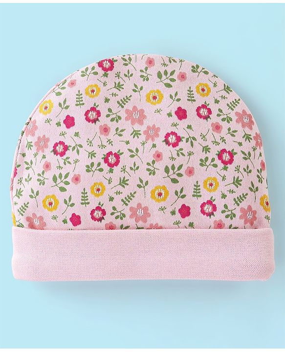 Babyhug 100% Cotton Cap Mittens And Booties Floral Print - Pink