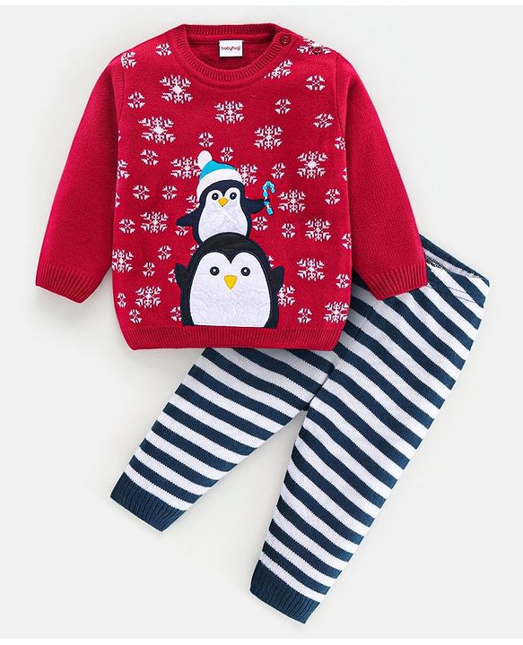 Babyhug Knit Full Sleeves Sweater Set Penguin Design - Red & Navy Blue