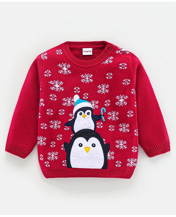 Babyhug Knit Full Sleeves Sweater Set Penguin Design - Red & Navy Blue