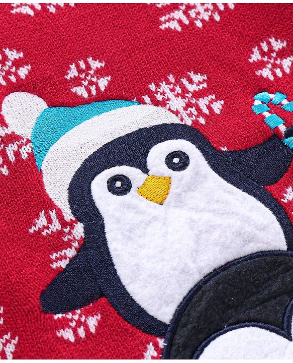 Babyhug Knit Full Sleeves Sweater Set Penguin Design - Red & Navy Blue