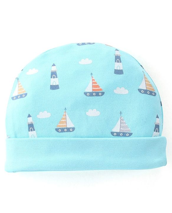 Babyhug 100% Cotton Cap Mittens & Booties Boat Print- Blue Cap Diameter- 10 Cm, Mittens Dim- 10 Cm, Booties Dim- 11 Cm, No of Pcs- 5, Size- 3-6M