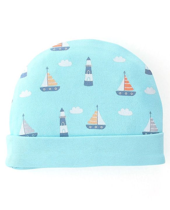 Babyhug 100% Cotton Cap Mittens & Booties Boat Print- Blue Cap Diameter- 10 Cm, Mittens Dim- 10 Cm, Booties Dim- 11 Cm, No of Pcs- 5, Size- 3-6M