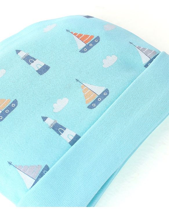 Babyhug 100% Cotton Cap Mittens & Booties Boat Print- Blue Cap Diameter- 10 Cm, Mittens Dim- 10 Cm, Booties Dim- 11 Cm, No of Pcs- 5, Size- 3-6M