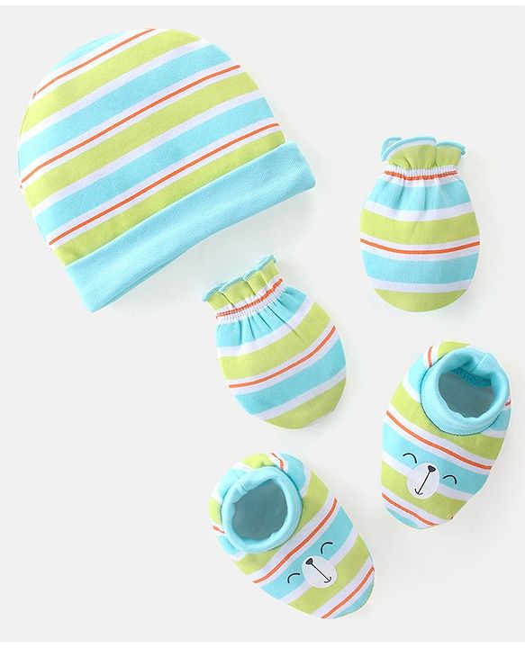 Babyhug 100% Cotton Cap Mittens & Booties Striped Blue & Green- Diameter 10.5 cm