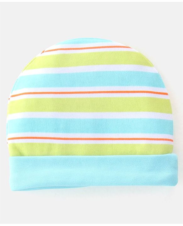 Babyhug 100% Cotton Cap Mittens & Booties Striped Blue & Green- Diameter 10.5 cm