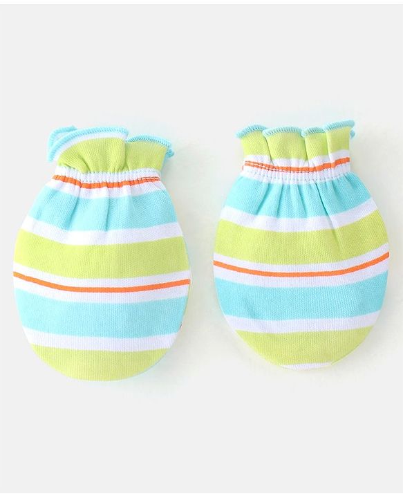 Babyhug 100% Cotton Cap Mittens & Booties Striped Blue & Green- Diameter 10.5 cm