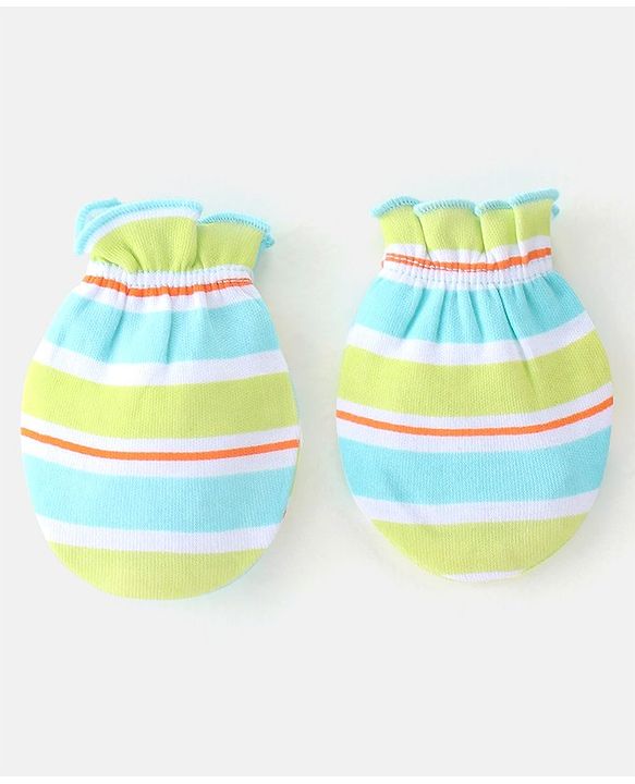 Babyhug 100% Cotton Cap Mittens & Booties Striped Blue & Green- Diameter 10.5 cm