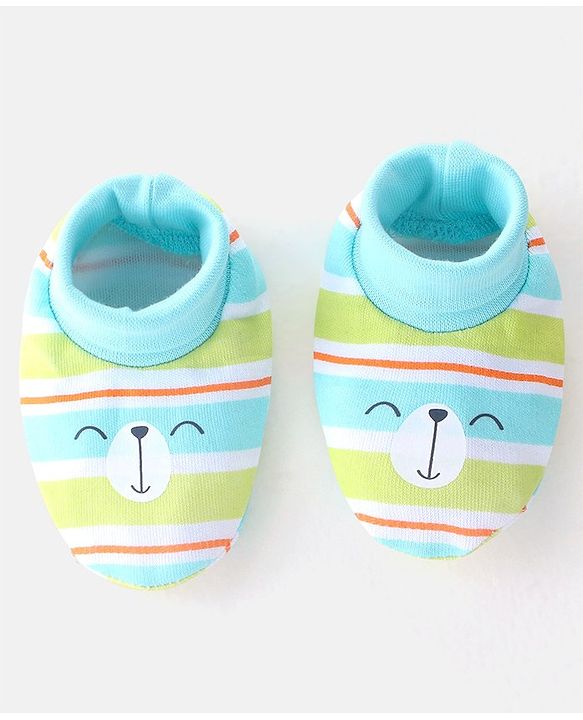 Babyhug 100% Cotton Cap Mittens & Booties Striped Blue & Green- Diameter 10.5 cm