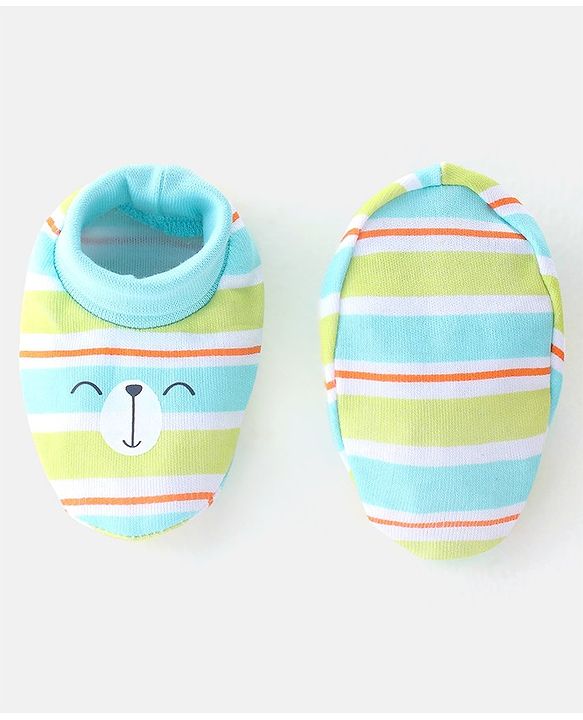 Babyhug 100% Cotton Cap Mittens & Booties Striped Blue & Green- Diameter 10.5 cm