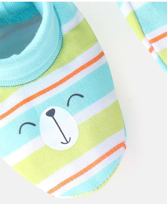 Babyhug 100% Cotton Cap Mittens & Booties Striped Blue & Green- Diameter 10.5 cm
