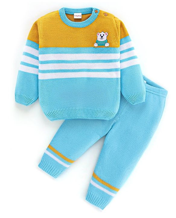 Babyhug Knit Full Sleeves Sweater Set Striped Design - Aqua Blue