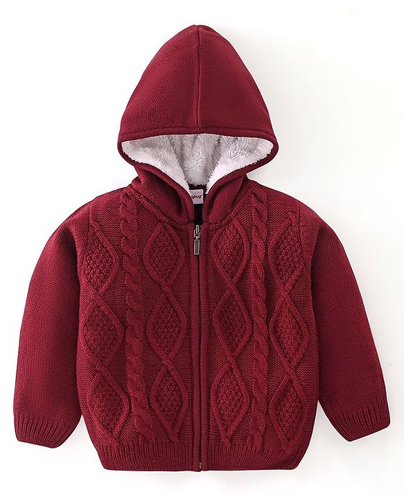 Babyhug Full Sleeves Hooded Sweater with Cable Knit Design - Maroon