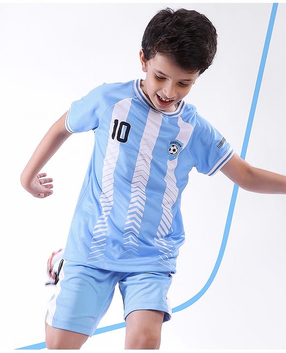 Pine Active Half Sleeves  Tee with Shorts Argentina Football Set - Blue