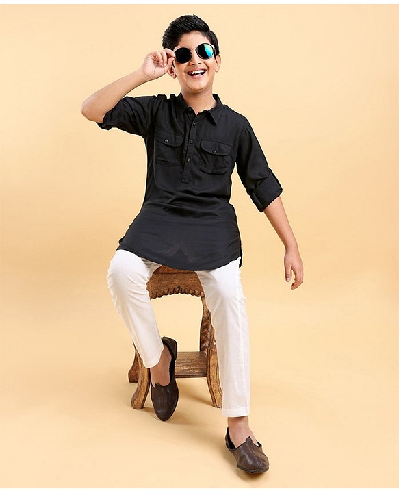 Pine Kids Full Sleeves Pathani Kurta & Pyjama Set Solid Colour - Black & White